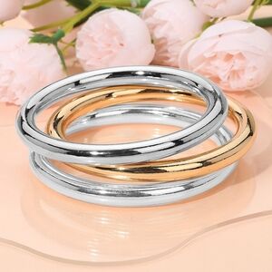 Two Tone 3 Piece Stack Round Metal Bangle Bracelets Set Layered Glossy Jewelry